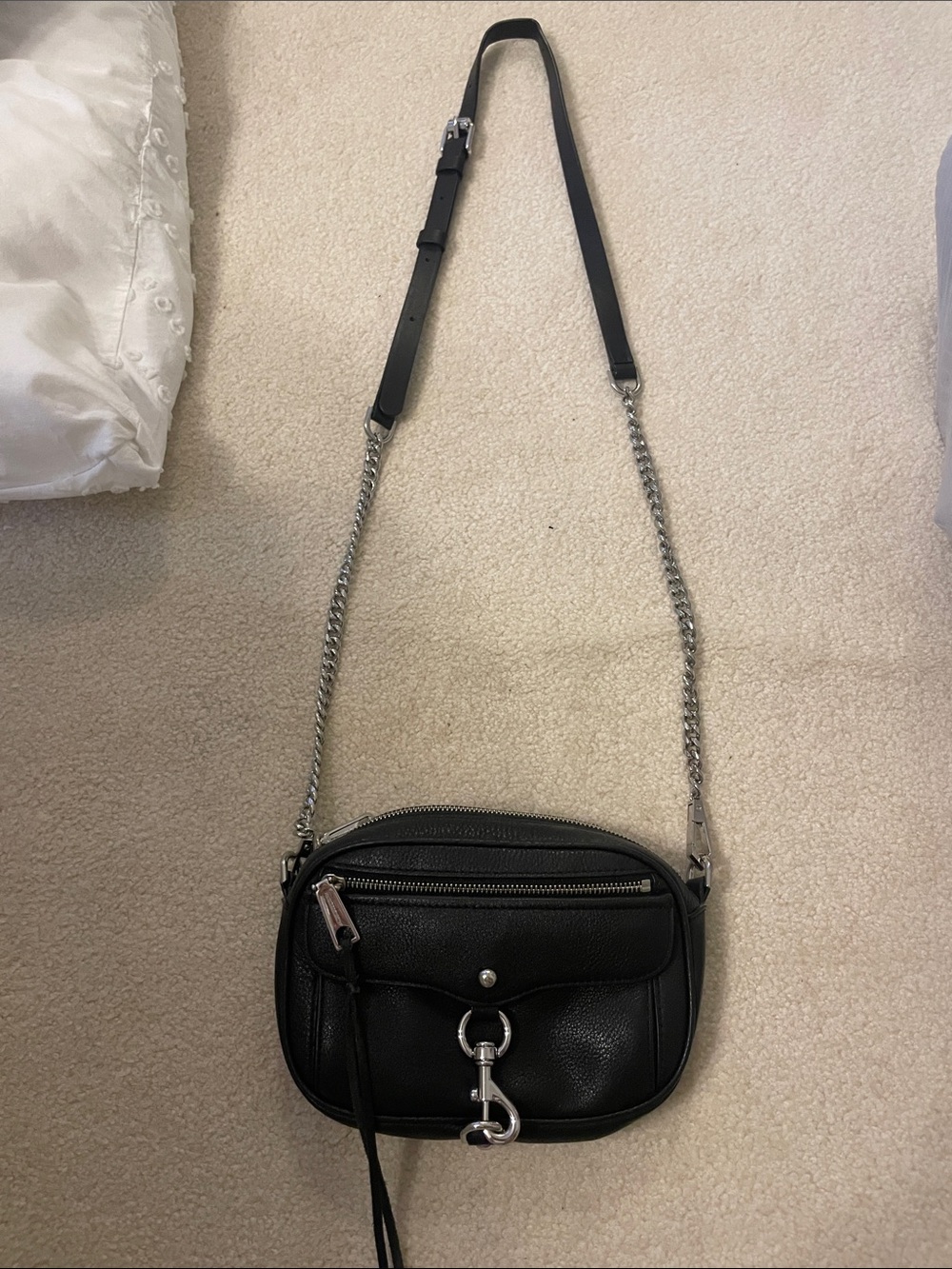 REBECCA MINKOFF Black Leather Crossbody Bag with Silver Hardware